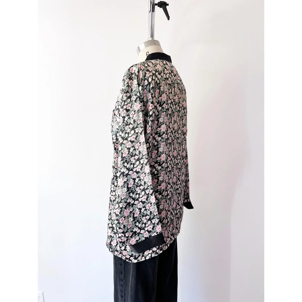 Vintage Black‎ Floral Satin Pajama Top Blouse